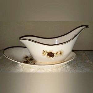 Vintage Gravy Boat and Underplate Pinecones with Gold Trim, PREVIEW by Paden